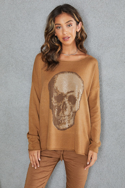 RHINESTONE SKULL LONG SLEEVE SWEATER